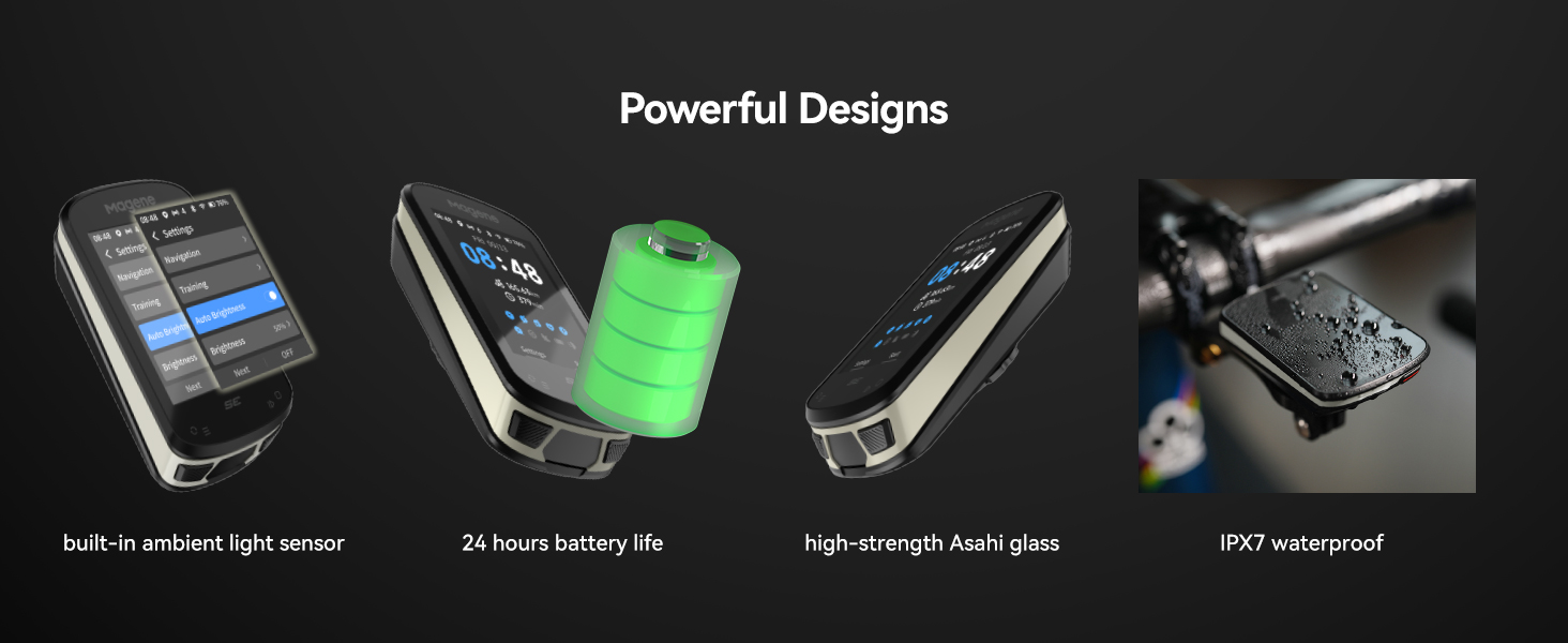 built-in ambient light sensor;24 hours battery life;high-strength Asahi glass;IPX7 waterproof