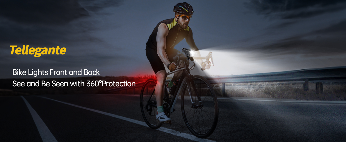 Cyclist riding at night with bright bike lights illuminating dark road, text overlay mentions bike lights and protection features.