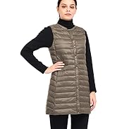 ELFJOY Long Puffer Vest Lightweight Womens Vests Outerwear Button Round Neck Sleeveless Long Down...