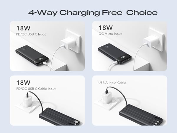 Text reads '4-Way Charging Free Choice', '18W', 'QC Dart Charger', 'DC Micro Usb', '18W', 'USB-C Rapid Cabie', 'USB A Rapid Cable'. Four black charging device options displayed with specifications and power delivery details.