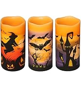 DRomance Halloween LED Flameless Pillar Candles Battery Operated with 6 Hour Timer Set of 3 Orang...