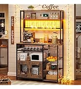 UPOSOJA Kitchen Bakers Rack with Storage Shelves, Microwave Stand with Power Outlet and LED Light...