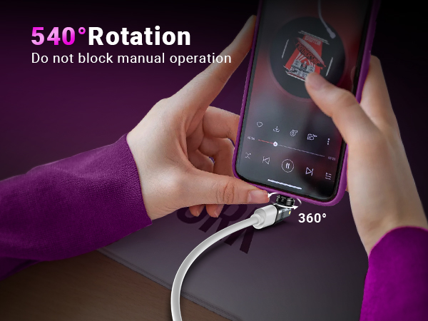 Demonstration of 540-degree rotating phone charging cable in use, showing manual operation with purple-sleeved hands holding device.