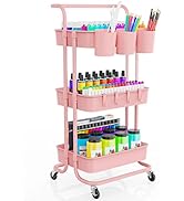 3-Tier Rolling Mobile Utility Cart with Hanging Cups &amp; Hooks &amp; Handle Multifunctional Organizer S...