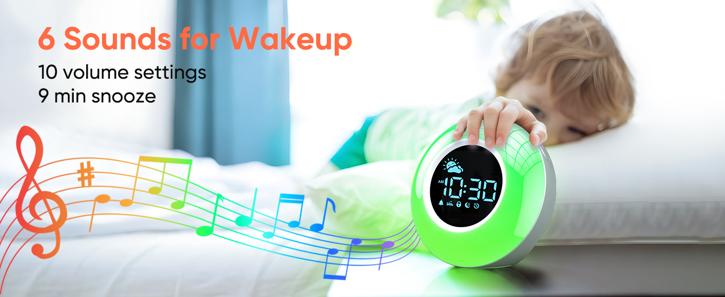 kids clock with 6 alarm sounds and 10 level volume for options
