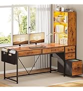 SEDETA Computer Desk with 5 Drawers and Bookshelf, Reversible Home Office Desk with Storage Shelv...