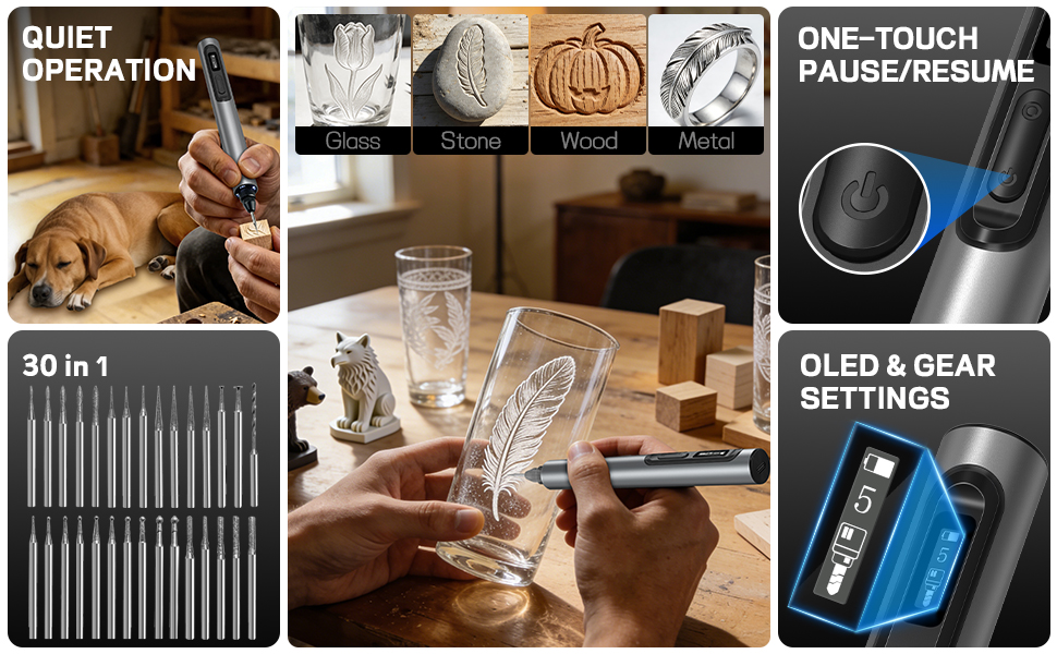 Engraving pen rotary tool wood glass stone metal OLED quiet 30 bits pause charge while use