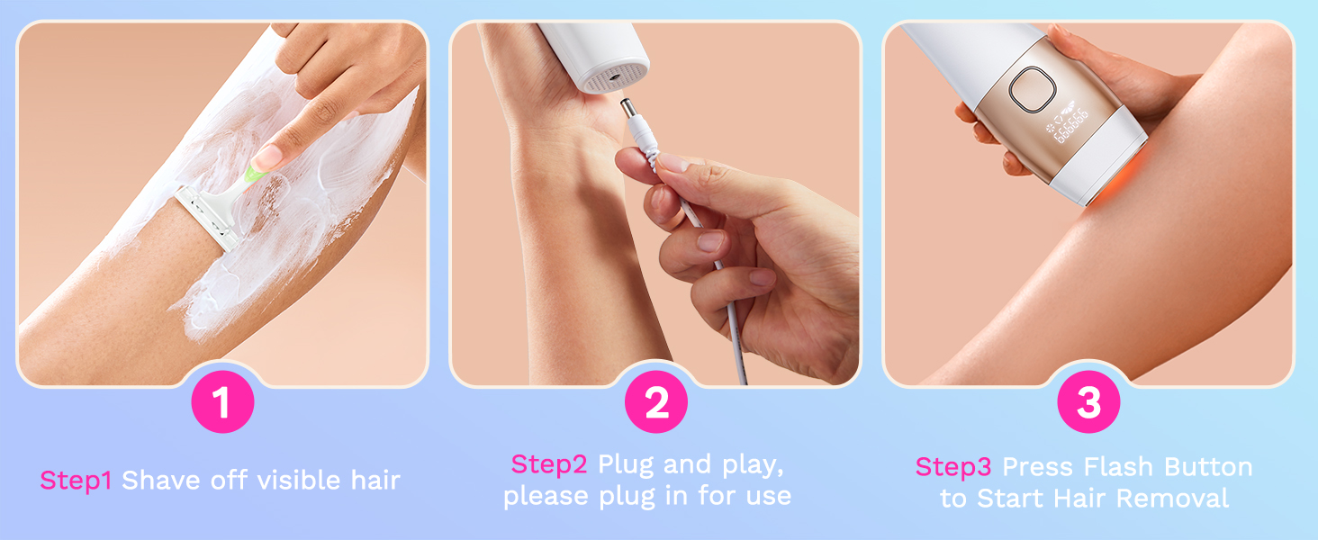 Three-step hair removal product demonstration showing application, placement, and removal process on skin.
