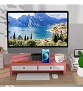 Monitor Stand Riser with Drawer - Pink &amp; White Laptop Stand, Bamboo Desktop Shelf Organizer for C...