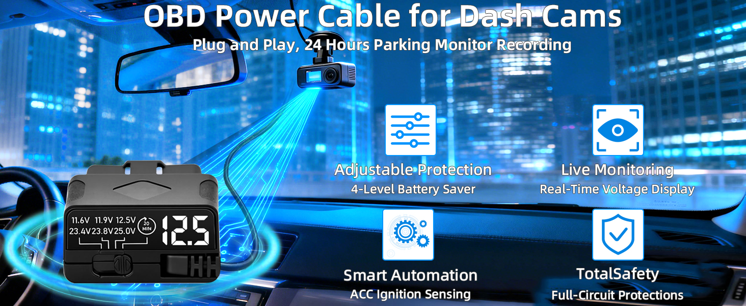 OBD2 to USB C Power Cable for Dash Cam, Plug and Play Dashcam Hardwire Kit with LED Voltmeter