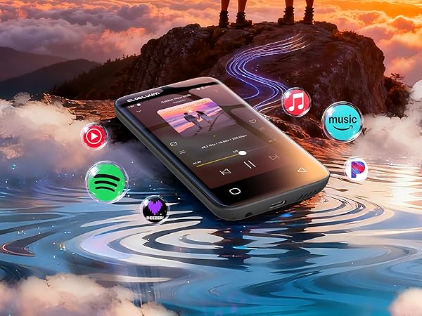 MP3 player with music track on screen, surrounded by app icons, set against a sunset backdrop