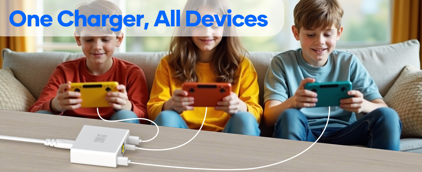 Text reads 'One Charger, All Devices'. People using electronic devices while a universal charging solution is demonstrated.