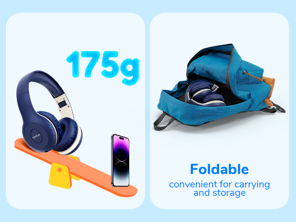 Split image: Left shows wireless headphones weighing 175g on a scale with smartphone. Right shows foldable headphones in a blue carrying case, labeled 'Foldable convenient for carrying and storage'.