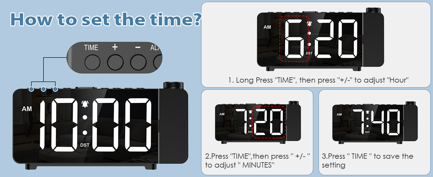 Projection Alarm Clocks for Bedrooms, Large LED Display Digital Clock with 180° Rotatable Projector