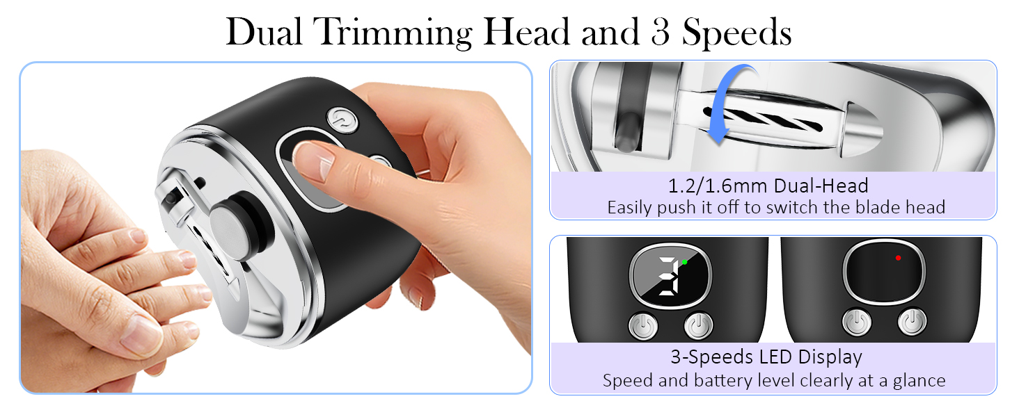 3-speeds-setting electric nail clipper with 1.2mm/1.6mm trimming head for soft/thick nail