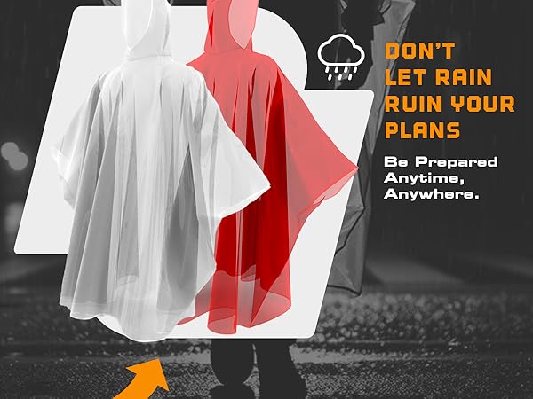 Red and white emergency rain ponchos displayed on a rainy street background