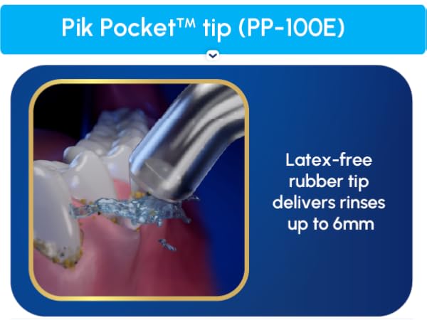  Image of pik pocket flosser tip with text reading latex free rubber tip.