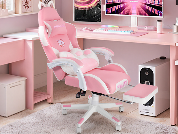Gaming Chair with Cat Ears and Cat Paw Lumbar Cushion, Cute Ergonomic Gaming Computer Desk Chair