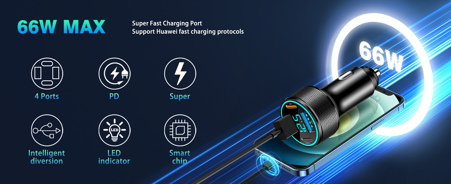 The USB car charger is equipped with 4 fast charging ports