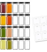 20 PACK 2 oz Glass Shot Bottles w/ Black Lids &amp; 20 Labels - Small Clear Jar for Ginger, Wellness ...