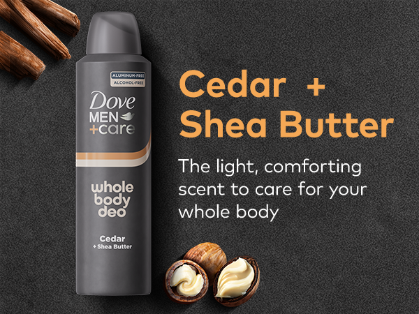 Dove Men+Care Cedar &amp; Shea Butter deodorant with cedar and shea imagery