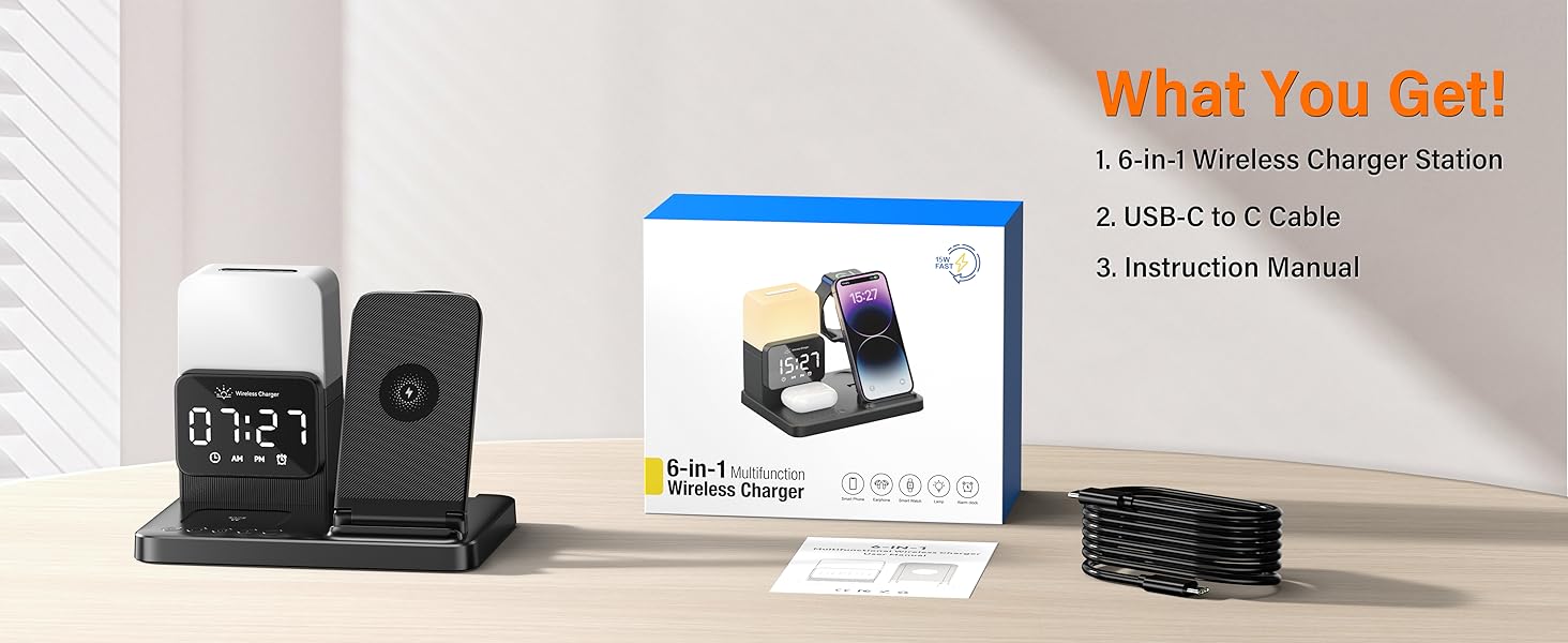 1.6-in-1 Wireless Charger Station 2.USB-C to C Cable 3.Instruction Manual