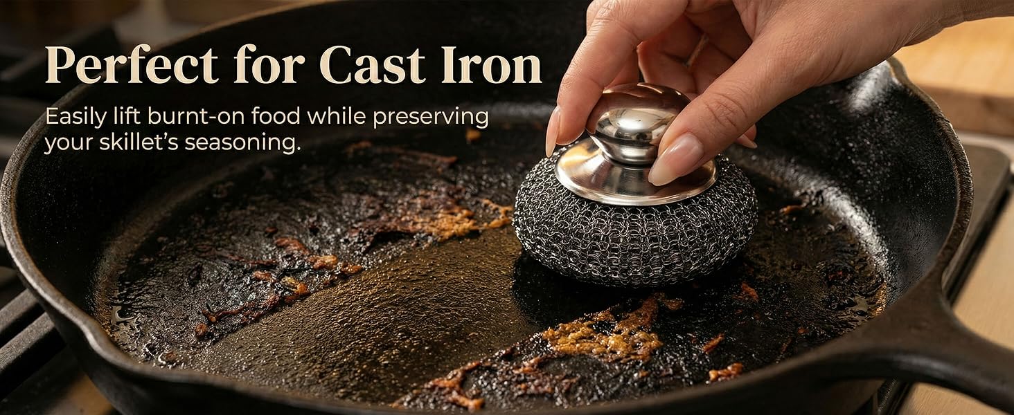 Heavy duty steel wool scrubber cleaning cast iron skillet without remove seasoning.