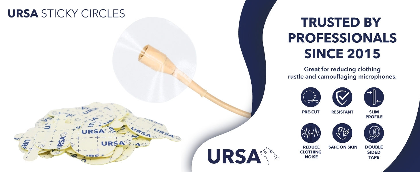 Text reads 'URSA STICKY CIRCLES' and 'TRUSTED BY PROFESSIONALS SINCE 2013'. Product shows adhesive circles, wooden applicator stick, and 5 professional trust indicator icons.