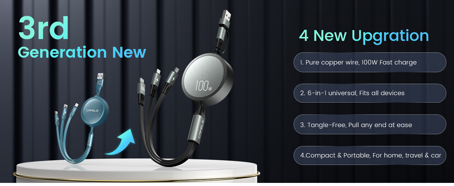 4 new upgration 100W 6-in-1 Fits all devices Tangle-Free Compact Portable, For home, travel, car
