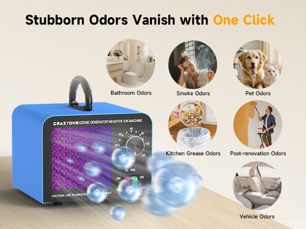 ozone odor eliminator for car, home, hotel rooms, garbage areas, or post-renovation odor control