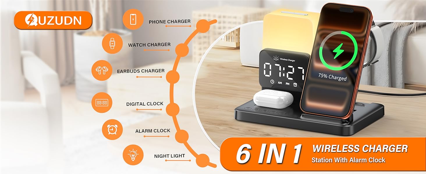 6 IN 1 WIRELESS CHARGER Station With Alarm Clock