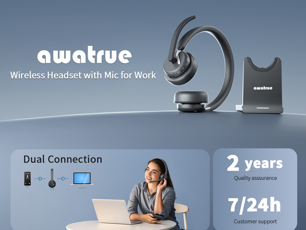 Wireless Headset, Bluetooth Headphones with Noise Cancelling Microphone for work PC/Computer