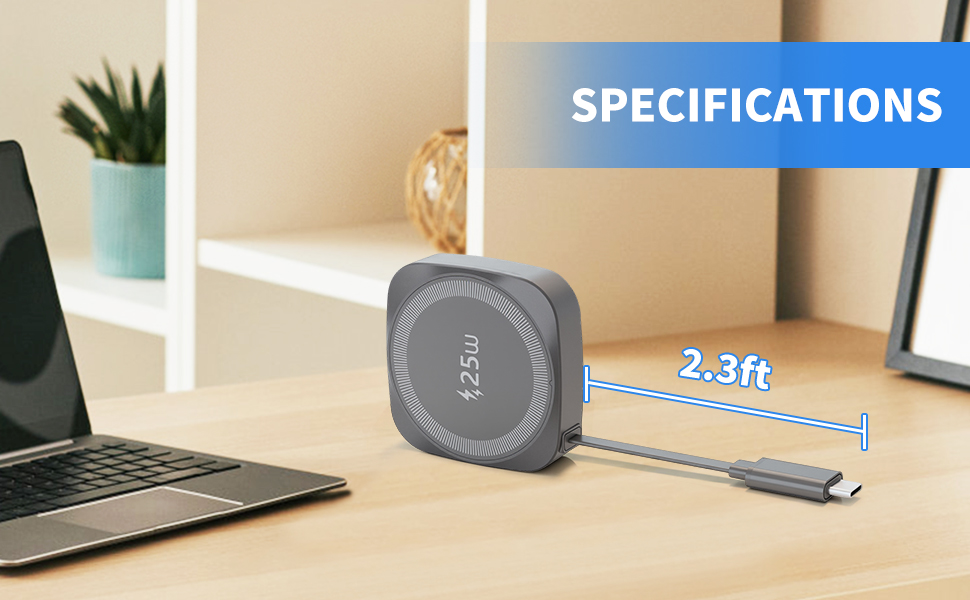 25W magnetic wireless charger specification with built-in 2.3ft retractable Type-C cable