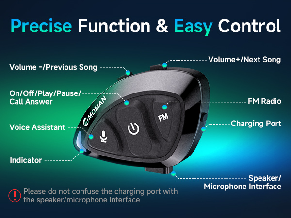 Interface diagram for wireless device controls showing button layouts for volume, playback, FM radio, and voice assistant functions on dark background with blue accent lighting.