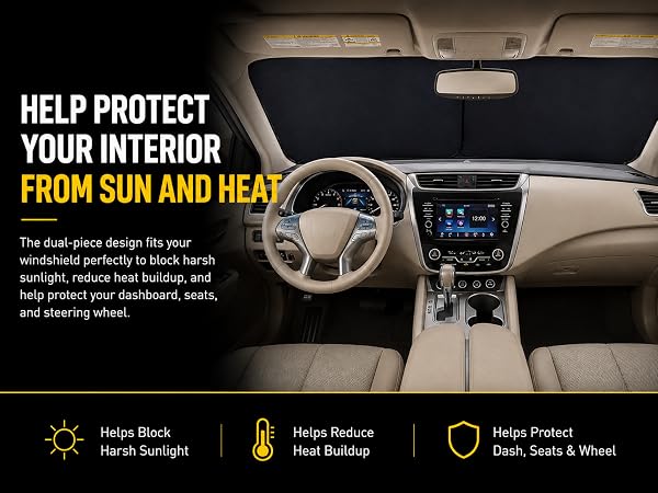 Two-piece windshield sunshade helps block sunlight, reduce heat, and protect car interiors.