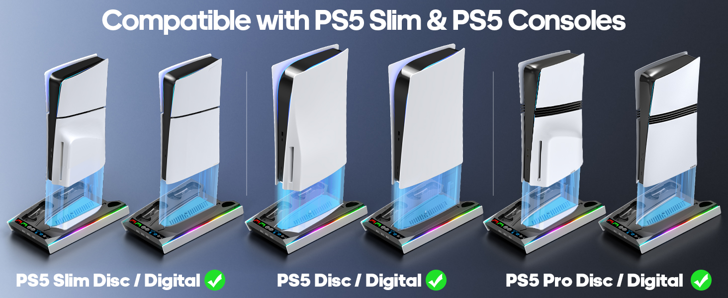 Comparison of six vertical gaming console stands compatible with PS5 Slim and PS5 Consoles, showing different disc and digital versions.