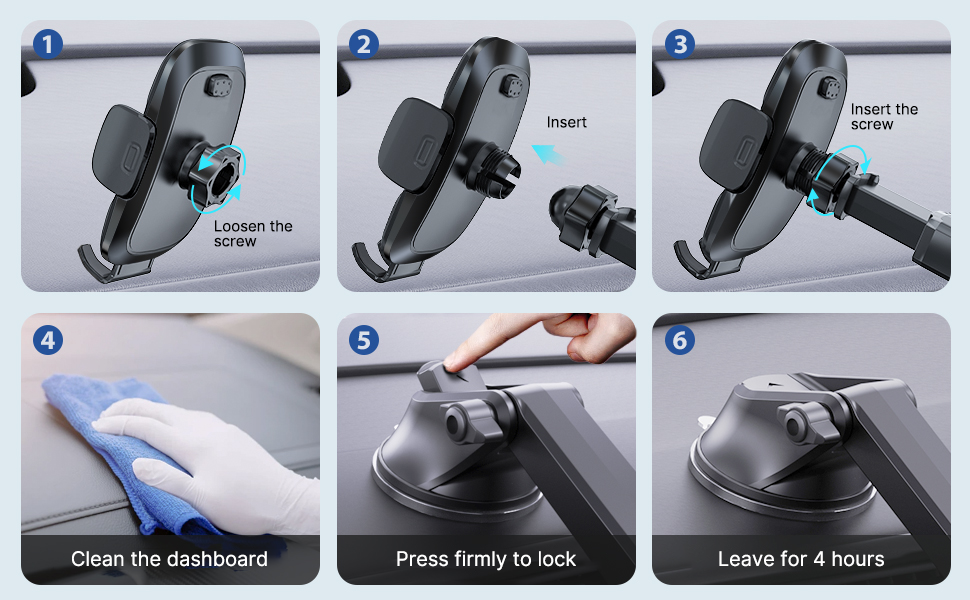 Instructions for installing a car phone holder. Six-step process showing insertion, dashboard cleaning, locking mechanism, and suction cup application.
