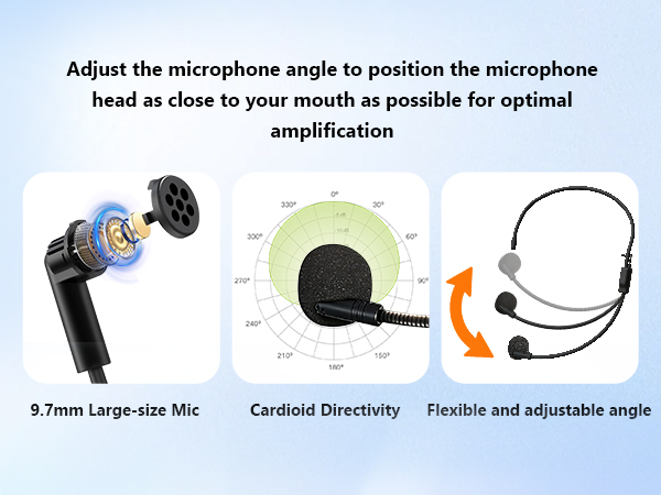 The amplifier microphone comes with an adjustable wired headset microphone