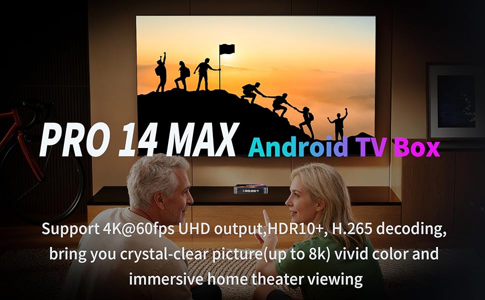 Text reads 'PRO 14 MAX Android TV Box' and 'immersive home theater viewing'. Marketing images showing home entertainment scenes with sunset viewing backdrop.