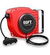 Retractable Extension Reel, 50FT Heavy Duty 14AWG/3C SJTOW Power Cord with Triple Tap Outlet, 13 ...