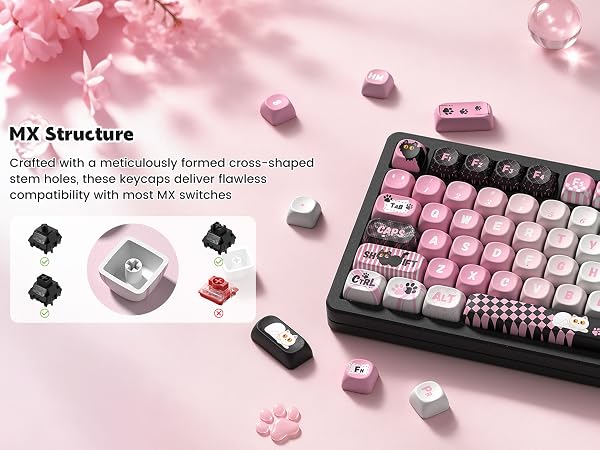 Compatible with Cherry MX and most MX-style switches, these keycaps for mechanical keyboard setups