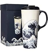 Ceramic Travel Mug Porcelain Coffee Cup with Spill-proof Lid and Box, 17 Oz.