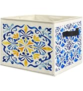 WARDOS Blue and Yellow Mediterranean Tiles Storage Bin Box with Handles, Vintage Moroccan Floral ...