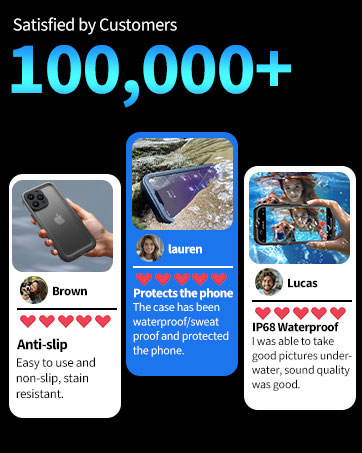 Product satisfaction graphic showing 100,000+ satisfied customers. Features three user reviews with profile pictures, highlighting waterproof and anti-slip qualities.