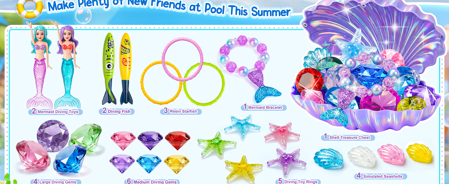 Pool Toys 29Pcs Seek Treasure Underwater Set Mermaid Chest