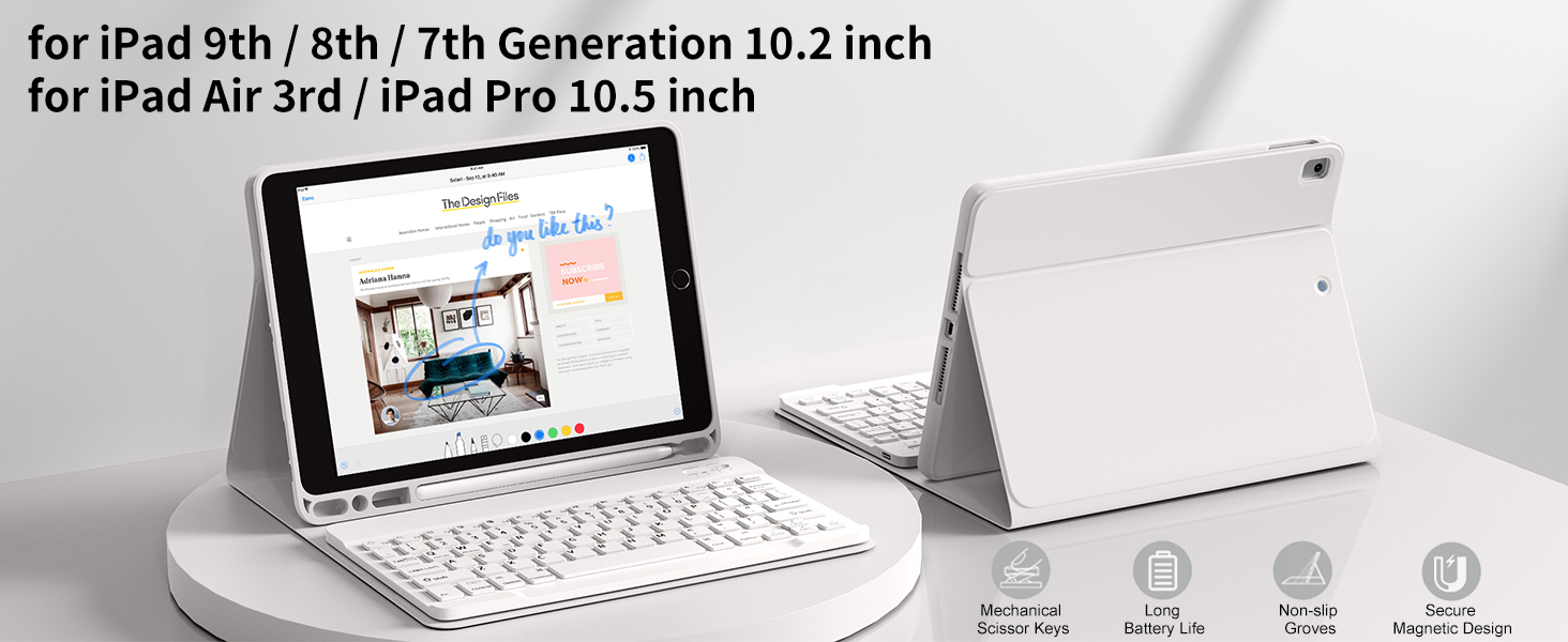 Series of images showing hands using an Apple Pencil with iPad, demonstrating writing and drawing capabilities on white iPad screen surface.