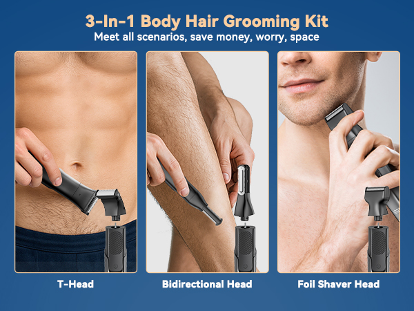 Text reads '3-in-1 Body Hair Grooming Kit'. Product demonstration showing three grooming heads: 'T-Head', 'Bidirectional Head', and 'Full Shaver Head' with usage examples.