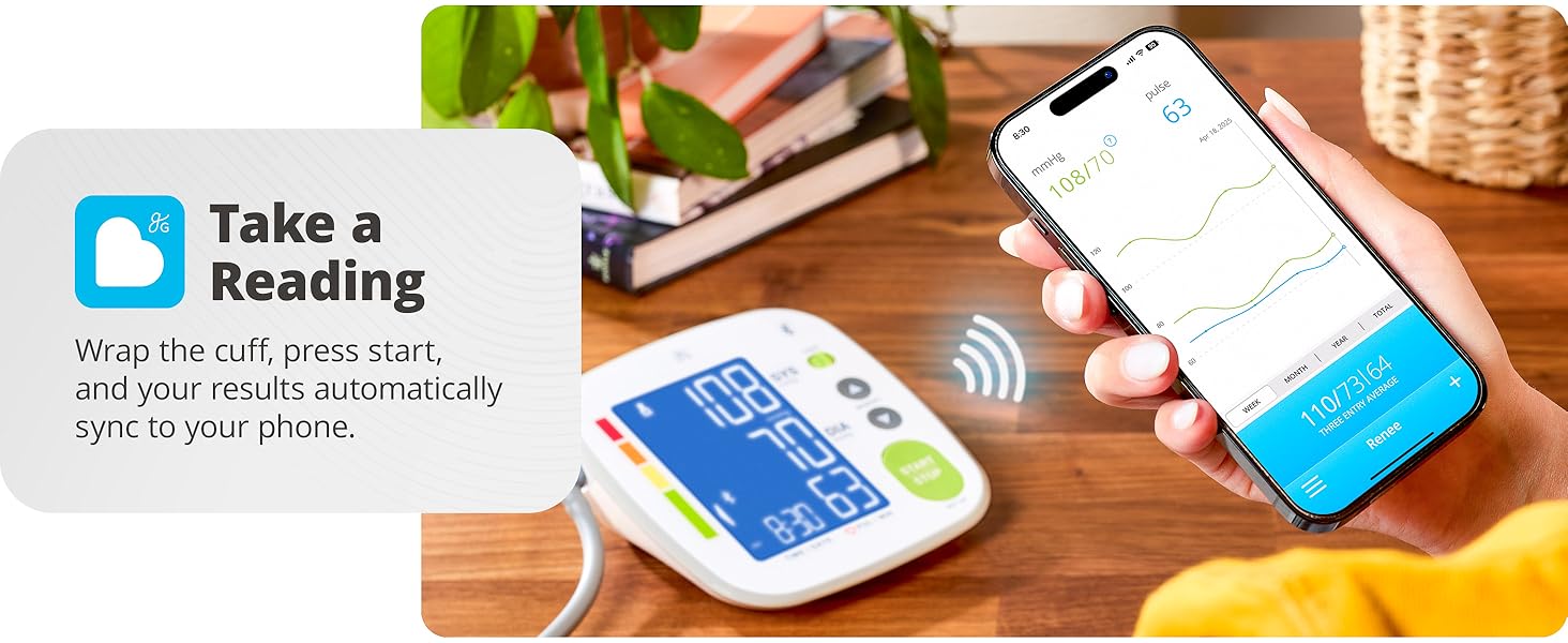young woman holding phone viewing balance health app results data sync from monitor