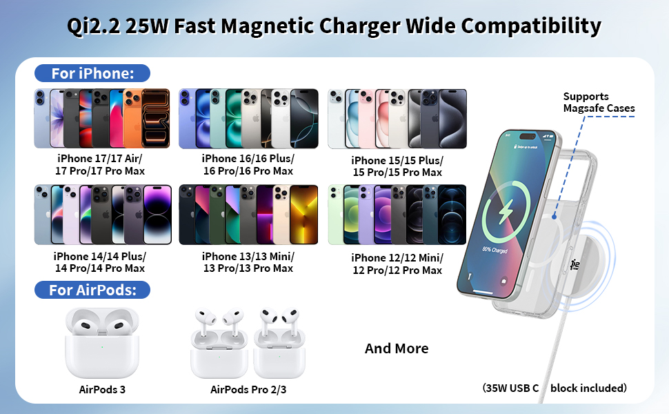 Qi2.2 25W Fast Magnetic Charger Compatible with iPhone 17 16 15 14 13 12 Series AirPods 3/ Pro 2/3