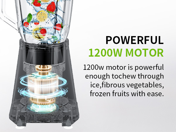 Blender with 1200W motor, shown in cutaway view. Glass jar contains ice, strawberries, and lemon. Text highlights motor's power to blend frozen fruits and vegetables.